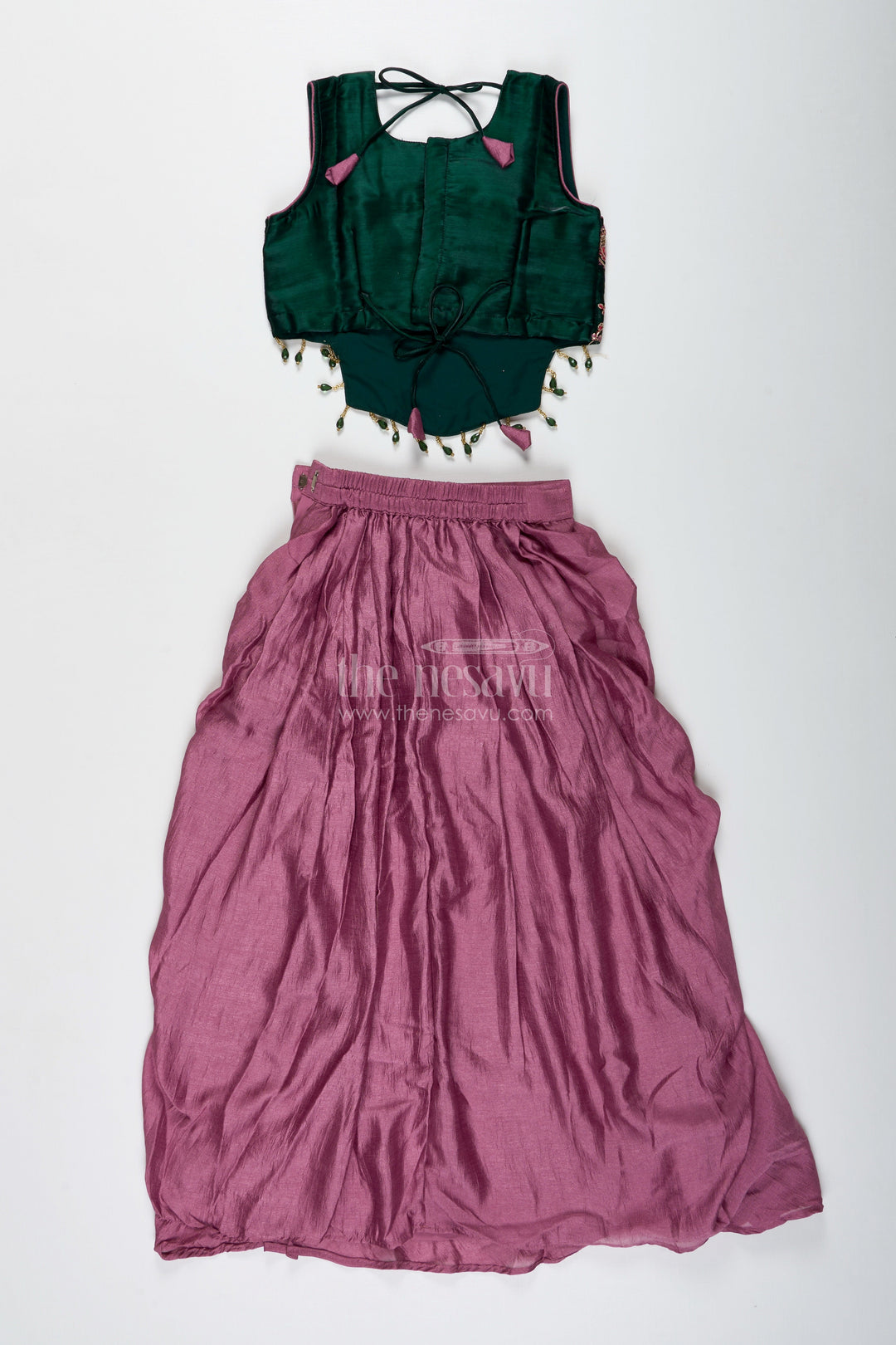 The Nesavu Girls Lehenga Choli Girls Lehenga Choli with Embroidered Blouse and Mocca Skirt Nesavu Nesavu Mauve Lehenga Choli Green Embroidered Blouse Girls