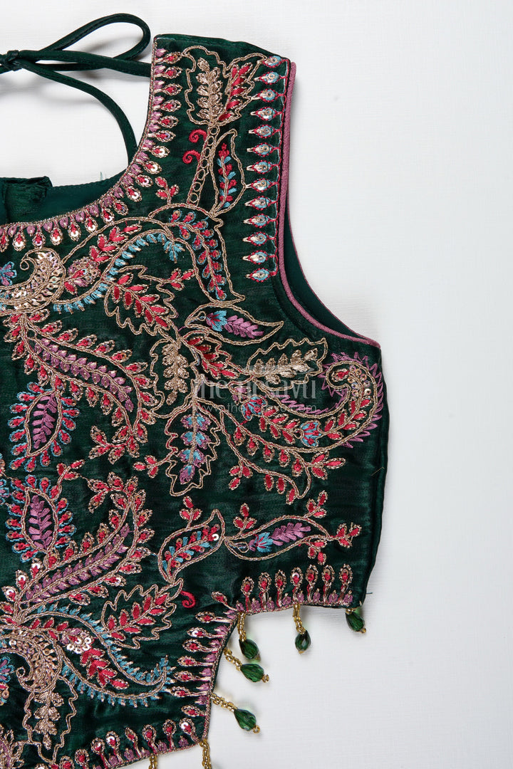 The Nesavu Girls Lehenga Choli Girls Lehenga Choli with Embroidered Blouse and Mocca Skirt Nesavu Nesavu Mauve Lehenga Choli Green Embroidered Blouse Girls