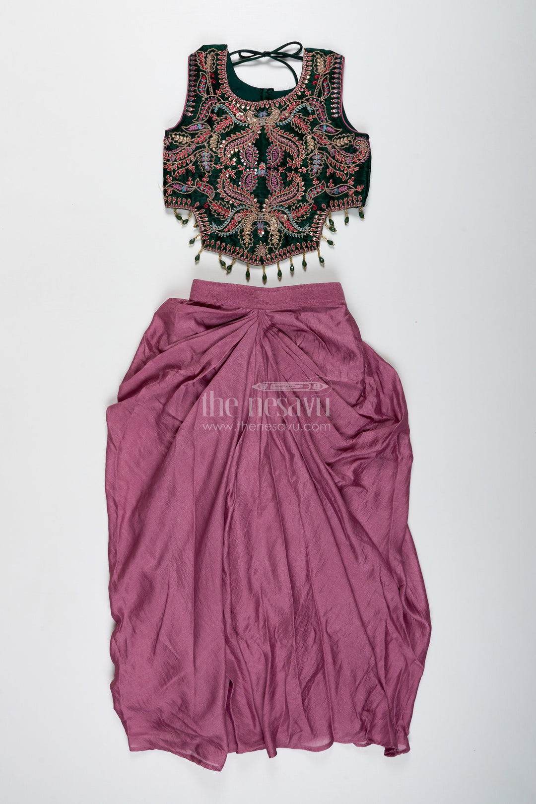 The Nesavu Girls Lehenga Choli Girls Lehenga Choli with Embroidered Blouse and Mocca Skirt Nesavu Nesavu Mauve Lehenga Choli Green Embroidered Blouse Girls