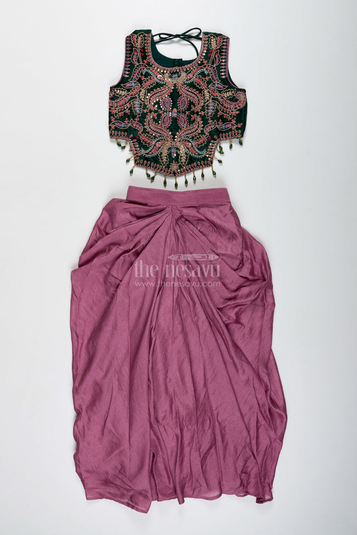 The Nesavu Girls Lehenga Choli Girls Lehenga Choli with Embroidered Blouse and Mocca Skirt Nesavu Nesavu Mauve Lehenga Choli Green Embroidered Blouse Girls