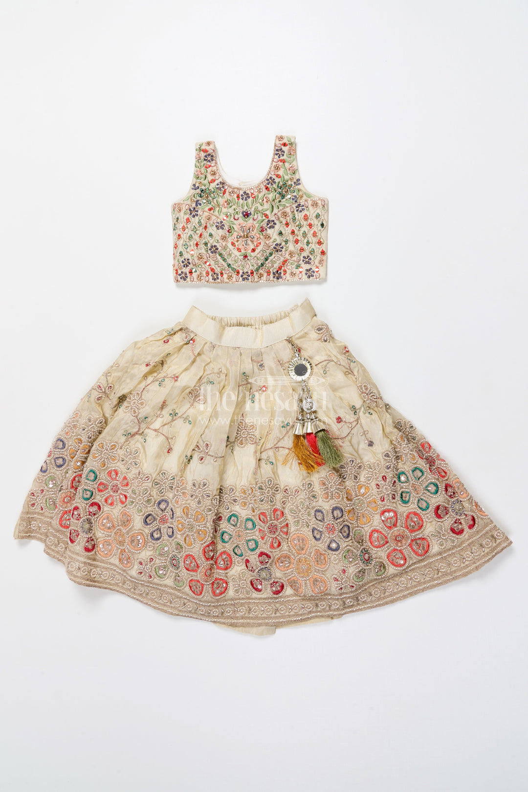 The Nesavu Girls Lehenga Choli Girls Lehenga Choli with Embroidery for Festive Weddings and Family Events Nesavu 18 (2Y) / Cream GL677A-18 Nesavu embroidered lehenga choli girls tissue viscose silk perfect weddings festivals