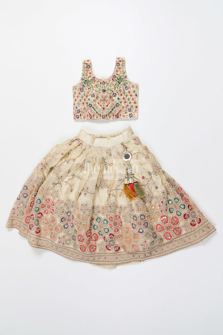 The Nesavu Girls Lehenga Choli Girls Lehenga Choli with Embroidery for Festive Weddings and Family Events Nesavu 18 (2Y) / Cream GL677A-18 Nesavu embroidered lehenga choli girls tissue viscose silk perfect weddings festivals