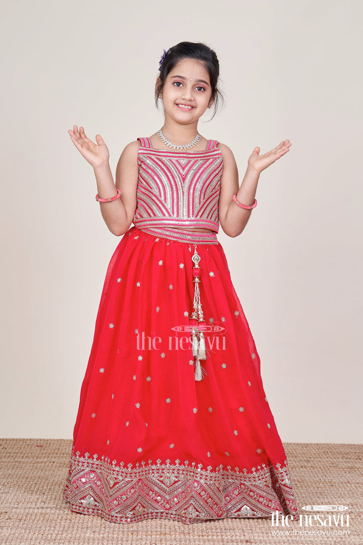 The Nesavu Girls Lehenga Choli Girls Lehenga Choli with Embroidery for Weddings and Sangeet Nights Nesavu 24 (5Y) / Red GL757A-24 Nesavu designer lehenga choli girls organza embroidery ideal weddings celebrations