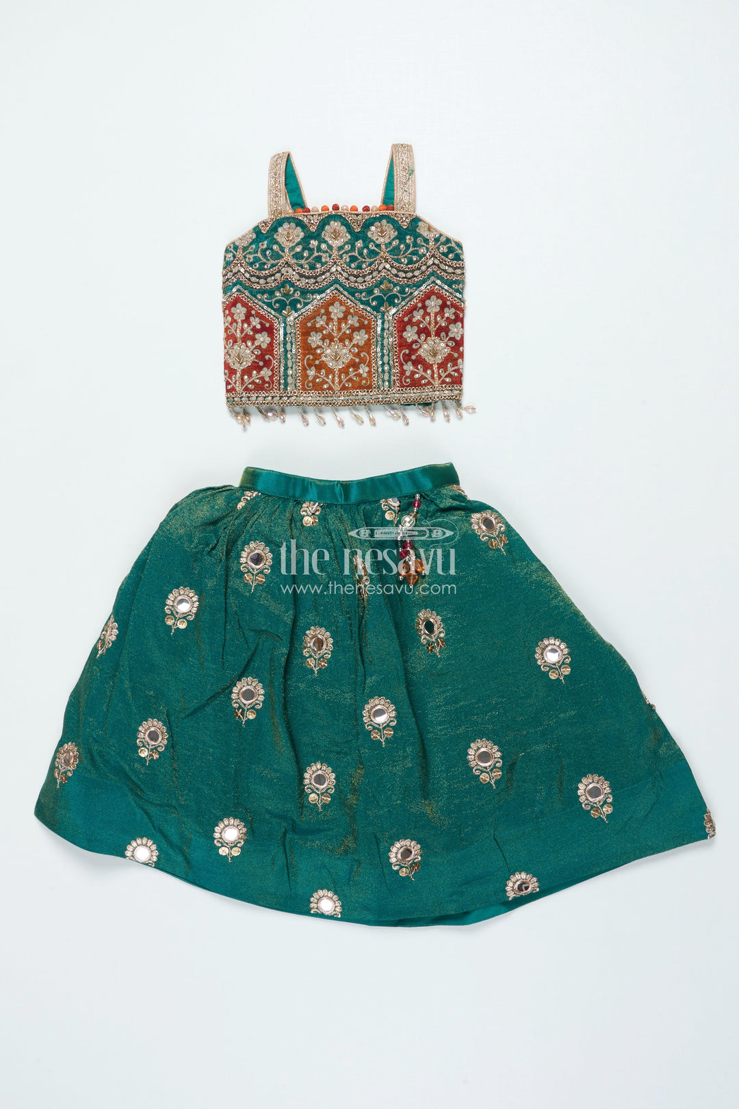 The Nesavu Girls Lehenga Choli Girls Lehenga Choli with Mirror Embroidery for Festive Functions and Family Celebrations Nesavu 16 (1Y) / Green GL824B-16 Nesavu girls lehenga choli viscose silk mirror embroidery ideal weddings cultural events