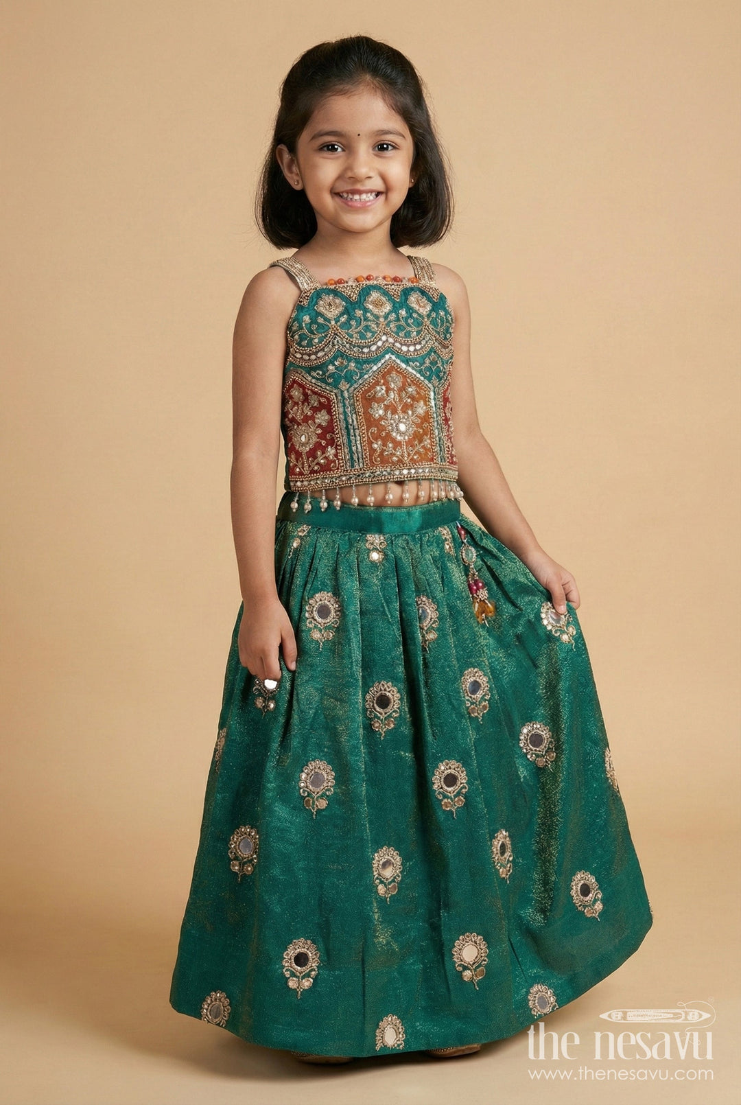 The Nesavu Girls Lehenga Choli Girls Lehenga Choli with Mirror Embroidery for Festive Functions and Family Celebrations Nesavu 16 (1Y) / Green GL824B-16 Nesavu girls lehenga choli viscose silk mirror embroidery ideal weddings cultural events