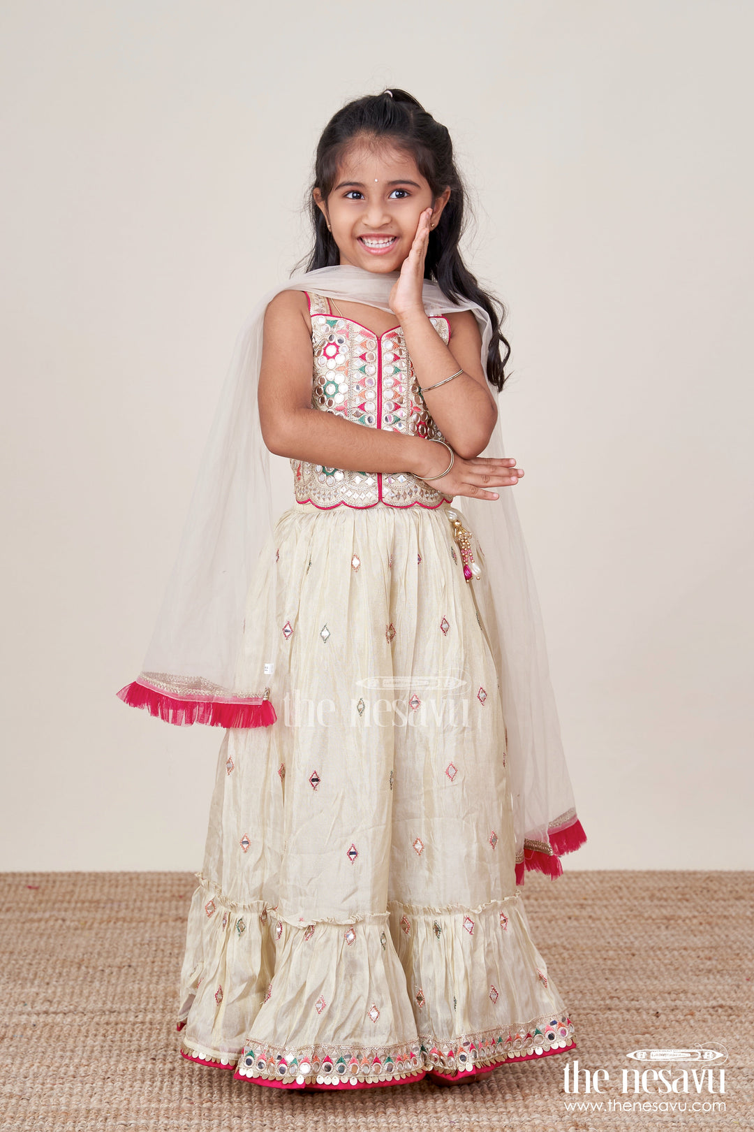 The Nesavu Girls Lehenga Choli Girls Lehenga Choli with Mirror Work and Festive Design Nesavu 14 (6M) / Cream GL831A-14 Nesavu girls lehenga choli mirror work festive design