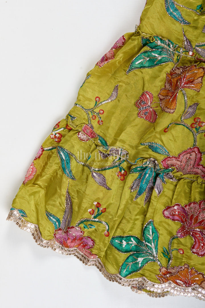 The Nesavu Girls Lehenga Choli Girls Lehenga Choli with Ruffle Sleeve Top for Weddings and Festive Occasions Nesavu Nesavu Green Floral Embroidered Lehenga Choli Girls Ruffle Sleeve Top Festive Charm