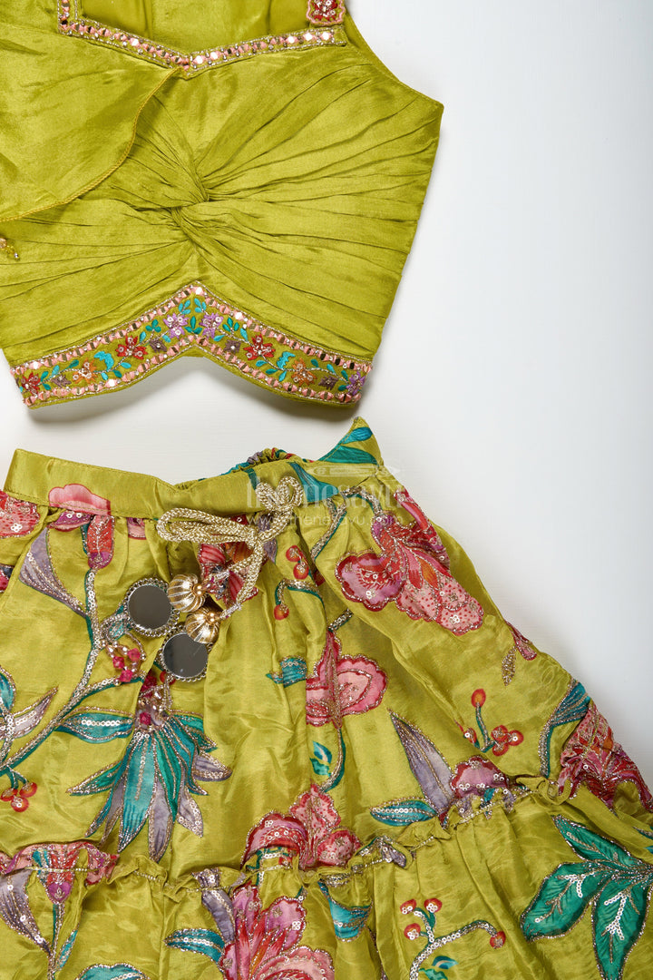 The Nesavu Girls Lehenga Choli Girls Lehenga Choli with Ruffle Sleeve Top for Weddings and Festive Occasions Nesavu Nesavu Green Floral Embroidered Lehenga Choli Girls Ruffle Sleeve Top Festive Charm