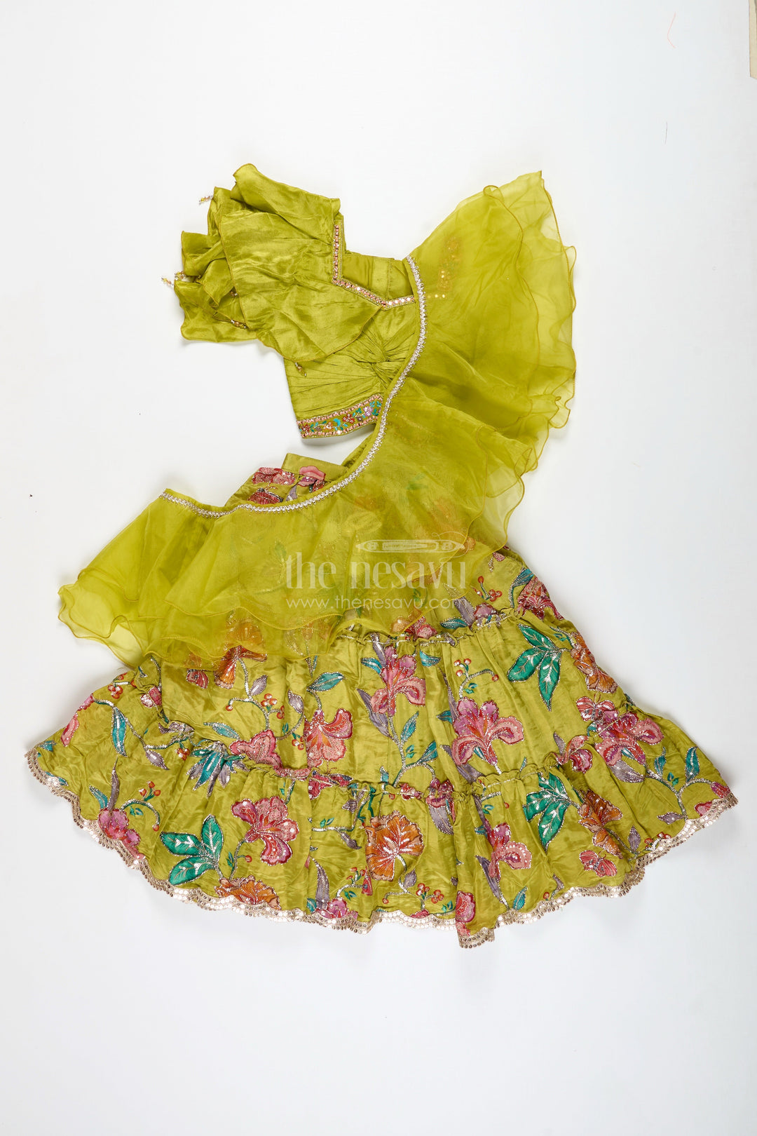 The Nesavu Girls Lehenga Choli Girls Lehenga Choli with Ruffle Sleeve Top for Weddings and Festive Occasions Nesavu Nesavu Green Floral Embroidered Lehenga Choli Girls Ruffle Sleeve Top Festive Charm