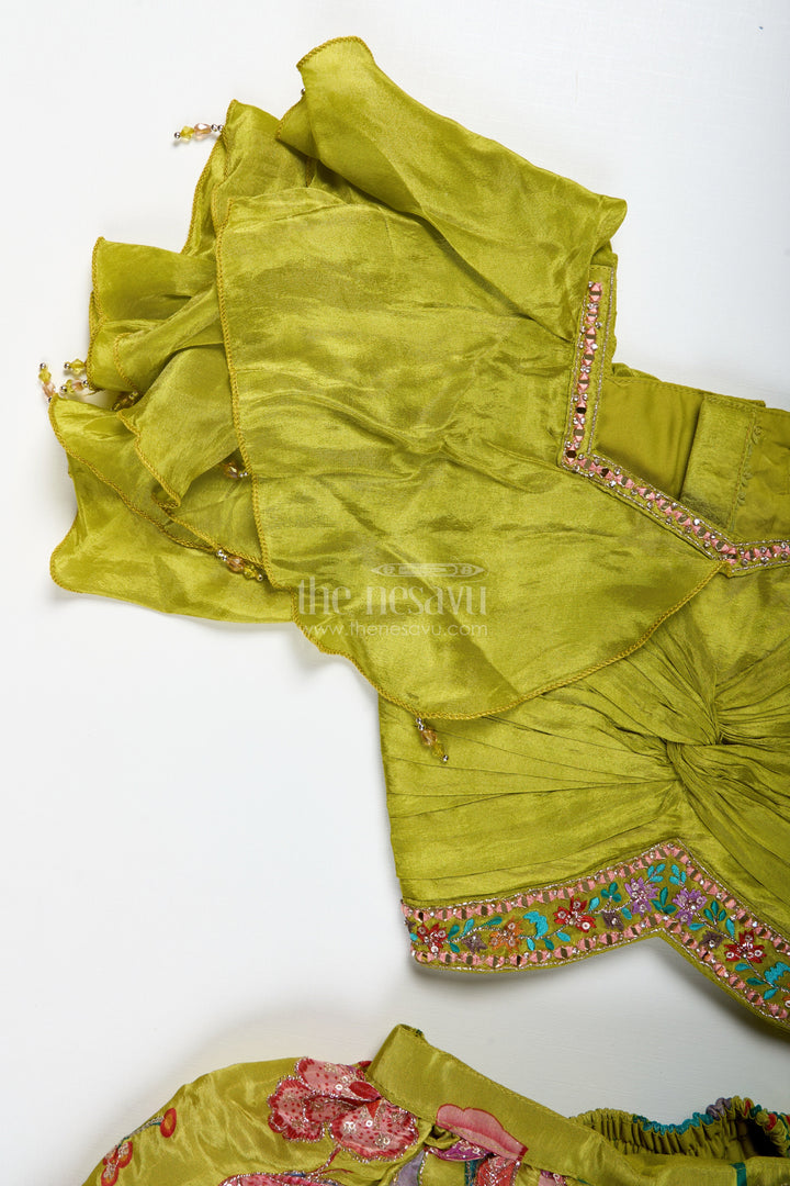 The Nesavu Girls Lehenga Choli Girls Lehenga Choli with Ruffle Sleeve Top for Weddings and Festive Occasions Nesavu Nesavu Green Floral Embroidered Lehenga Choli Girls Ruffle Sleeve Top Festive Charm