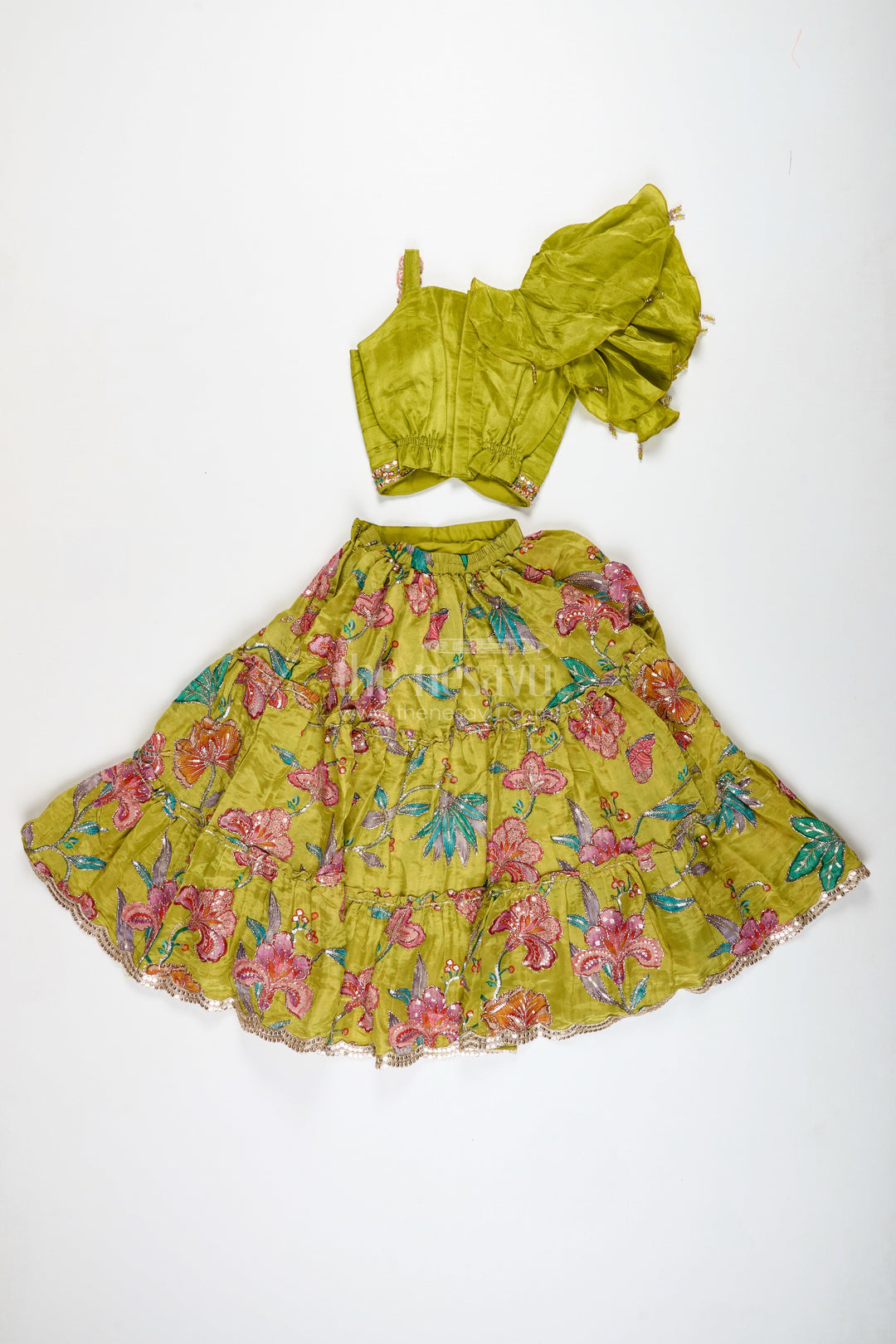 The Nesavu Girls Lehenga Choli Girls Lehenga Choli with Ruffle Sleeve Top for Weddings and Festive Occasions Nesavu Nesavu Green Floral Embroidered Lehenga Choli Girls Ruffle Sleeve Top Festive Charm