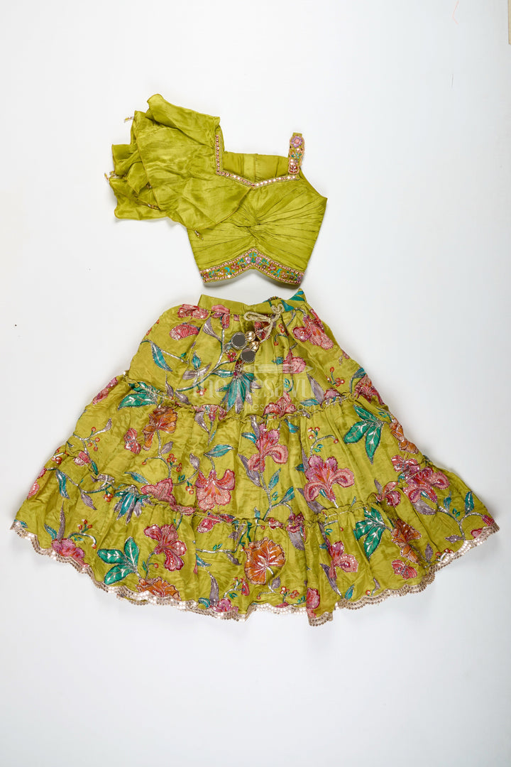 The Nesavu Girls Lehenga Choli Girls Lehenga Choli with Ruffle Sleeve Top for Weddings and Festive Occasions Nesavu Nesavu Green Floral Embroidered Lehenga Choli Girls Ruffle Sleeve Top Festive Charm
