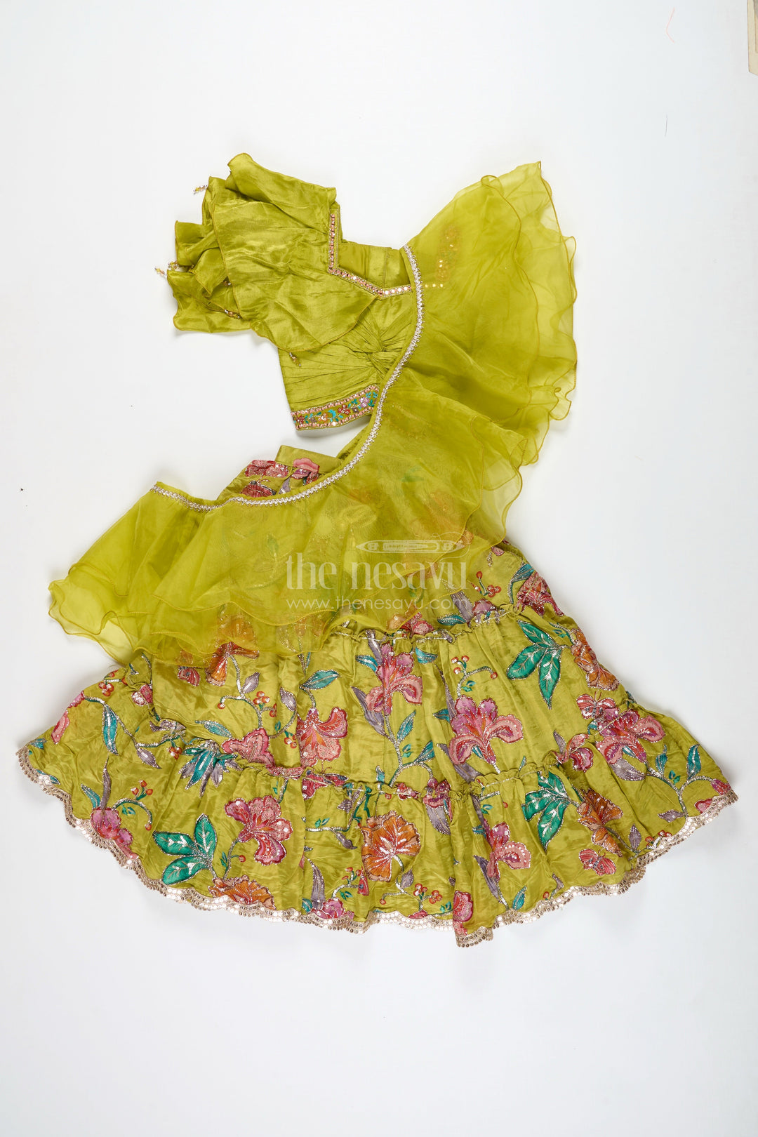 The Nesavu Girls Lehenga Choli Girls Lehenga Choli with Ruffle Sleeve Top for Weddings and Festive Occasions Nesavu Nesavu Green Floral Embroidered Lehenga Choli Girls Ruffle Sleeve Top Festive Charm