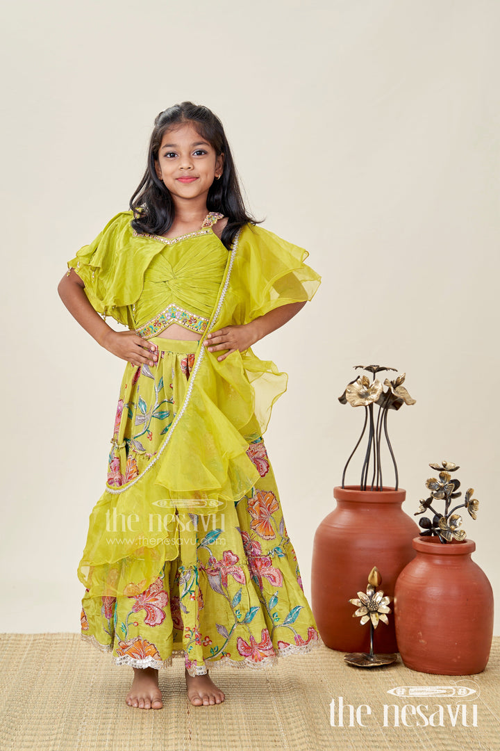The Nesavu Girls Lehenga Choli Girls Lehenga Choli with Ruffle Sleeve Top for Weddings and Festive Occasions Nesavu Nesavu Green Floral Embroidered Lehenga Choli Girls Ruffle Sleeve Top Festive Charm