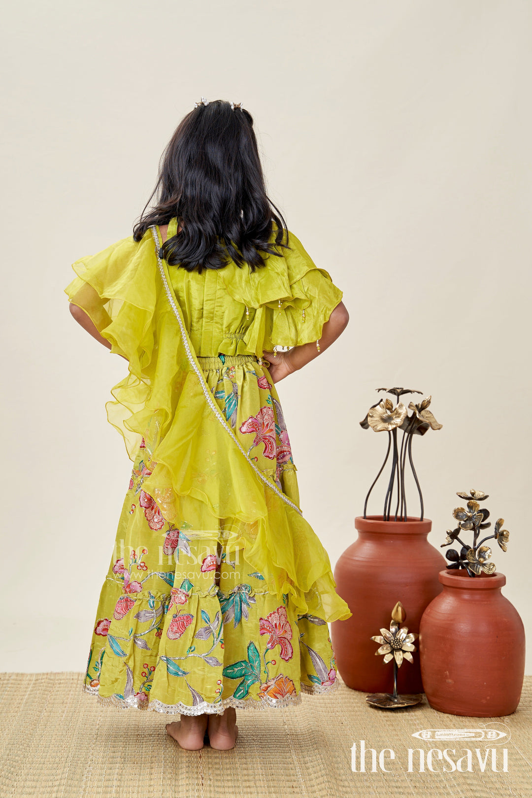 The Nesavu Girls Lehenga Choli Girls Lehenga Choli with Ruffle Sleeve Top for Weddings and Festive Occasions Nesavu Nesavu Green Floral Embroidered Lehenga Choli Girls Ruffle Sleeve Top Festive Charm
