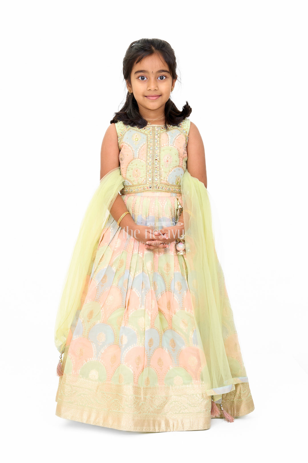 The Nesavu Girls Lehenga Choli Girls Lehenga Designs in Pastel Hues with Muslin Silk and Golden Border Nesavu 24 (5Y) / Cream GL547A-24 Nesavu Girls Lehenga Designs Pastel Muslin Silk Golden Borders Festive Elegance