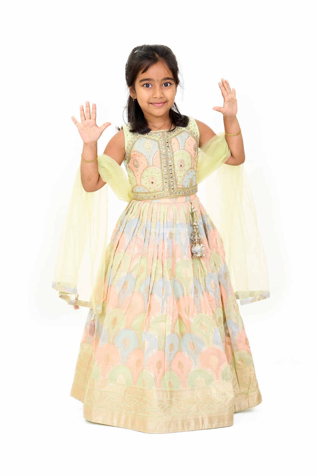 The Nesavu Girls Lehenga Choli Girls Lehenga Designs in Pastel Hues with Muslin Silk and Golden Border Nesavu Nesavu Girls Lehenga Designs Pastel Muslin Silk Golden Borders Festive Elegance