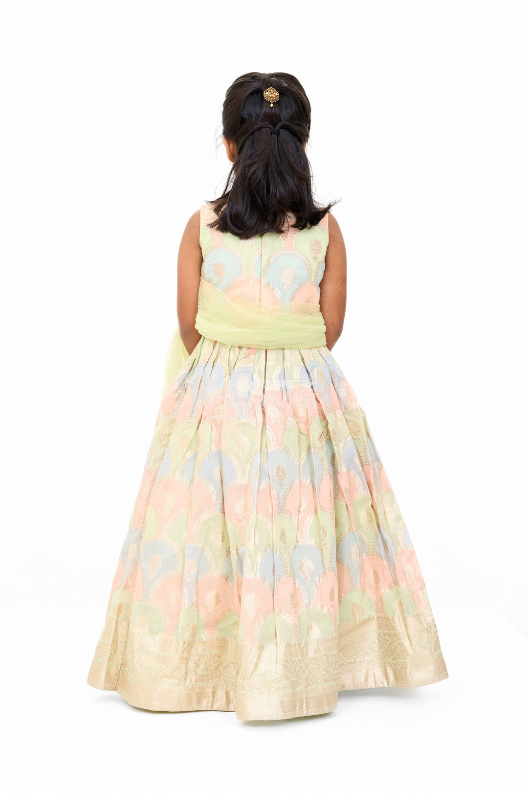 The Nesavu Girls Lehenga Choli Girls Lehenga Designs in Pastel Hues with Muslin Silk and Golden Border Nesavu Nesavu Girls Lehenga Designs Pastel Muslin Silk Golden Borders Festive Elegance