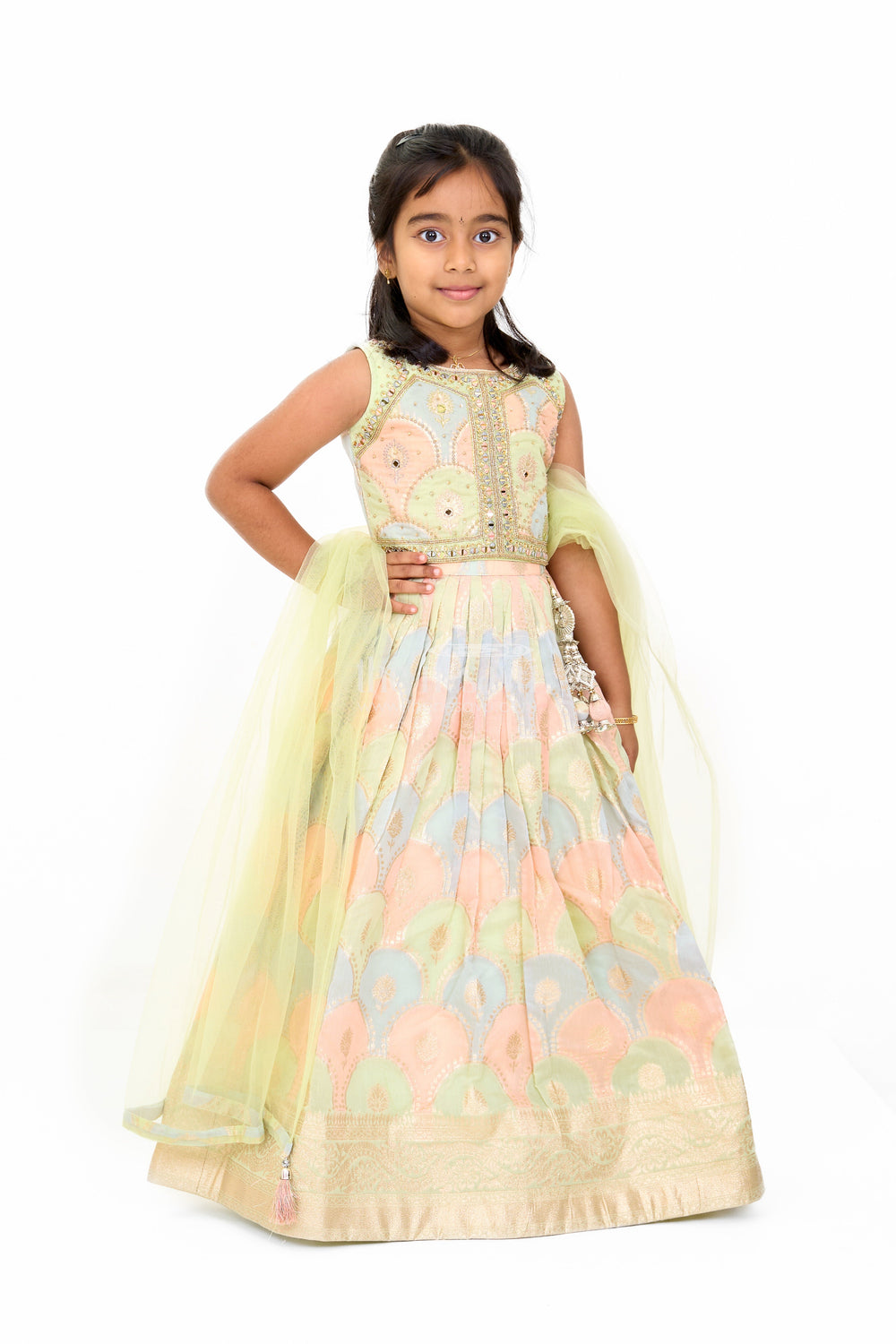 The Nesavu Girls Lehenga Choli Girls Lehenga Designs in Pastel Hues with Muslin Silk and Golden Border Nesavu Nesavu Girls Lehenga Designs Pastel Muslin Silk Golden Borders Festive Elegance