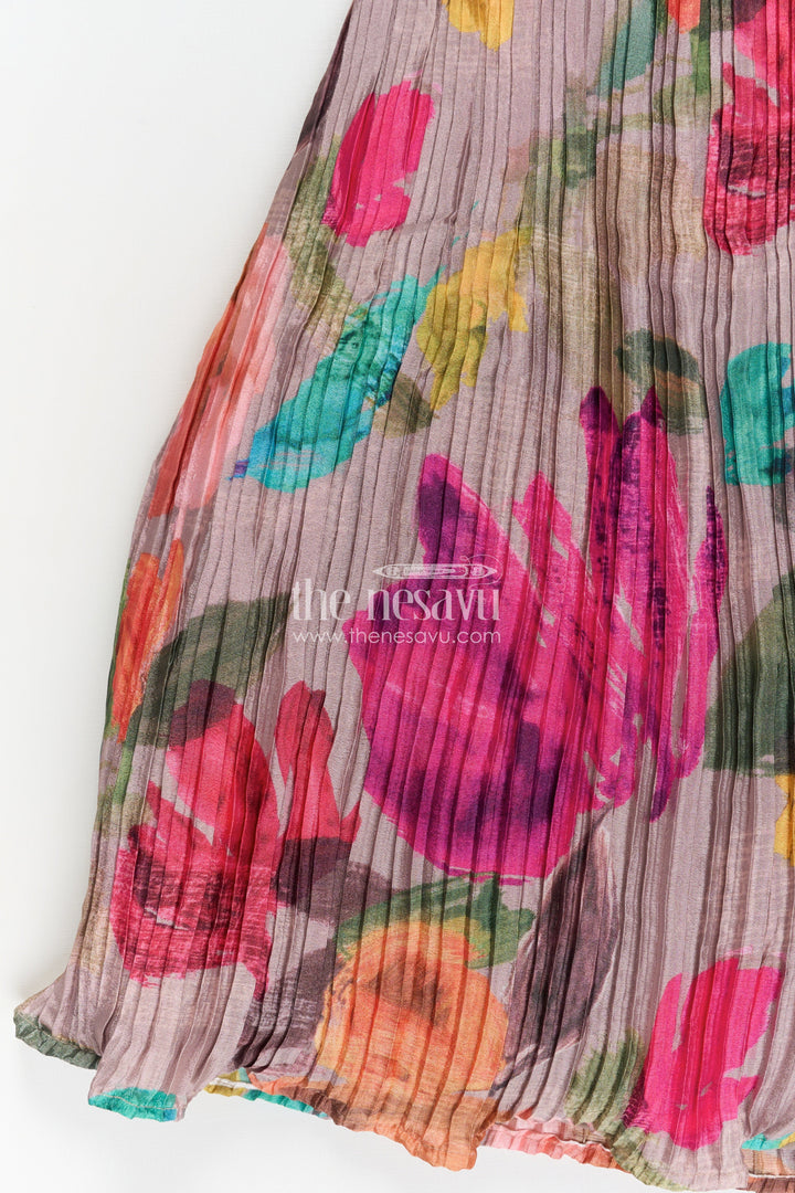 The Nesavu Girls Lehenga Choli Girls Lehenga Dress for Party in Chinon Silk with Floral Digital Print and Embellished Crop Top Nesavu Girls Chinon Silk Lehenga Dress Party Embroidered Top Floral Printed Skirt | The Nesavu