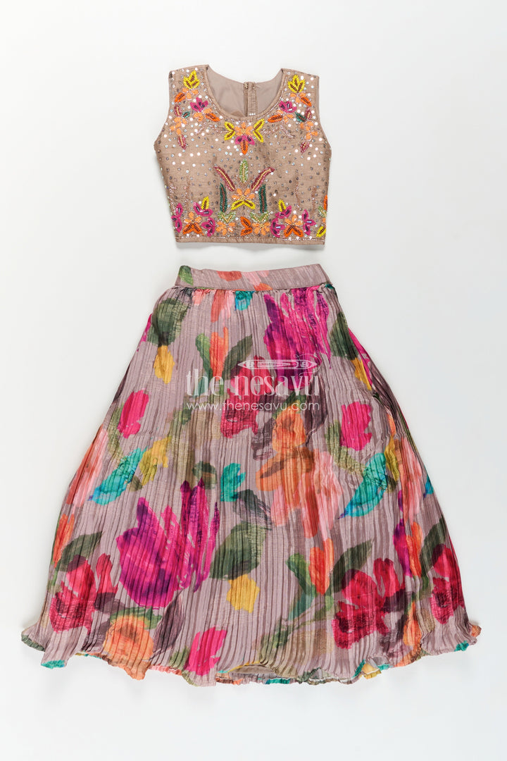 The Nesavu Girls Lehenga Choli Girls Lehenga Dress for Party in Chinon Silk with Floral Digital Print and Embellished Crop Top Nesavu Girls Chinon Silk Lehenga Dress Party Embroidered Top Floral Printed Skirt | The Nesavu