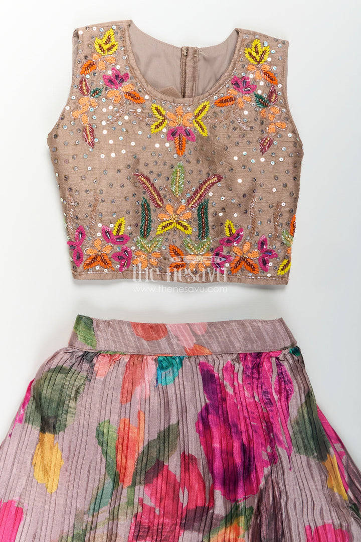The Nesavu Girls Lehenga Choli Girls Lehenga Dress for Party in Chinon Silk with Floral Digital Print and Embellished Crop Top Nesavu Girls Chinon Silk Lehenga Dress Party Embroidered Top Floral Printed Skirt | The Nesavu