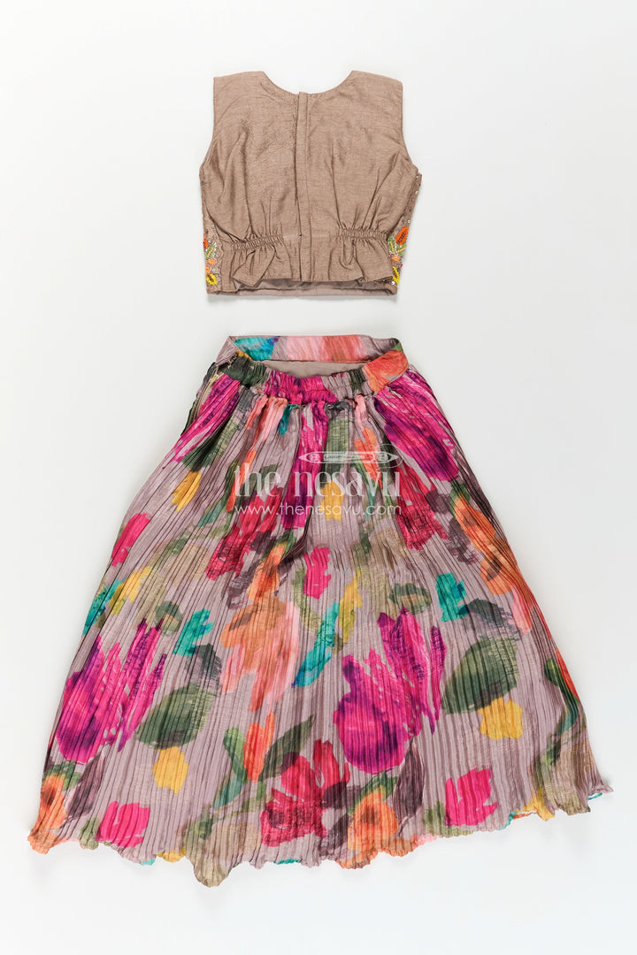The Nesavu Girls Lehenga Choli Girls Lehenga Dress for Party in Chinon Silk with Floral Digital Print and Embellished Crop Top Nesavu Girls Chinon Silk Lehenga Dress Party Embroidered Top Floral Printed Skirt | The Nesavu
