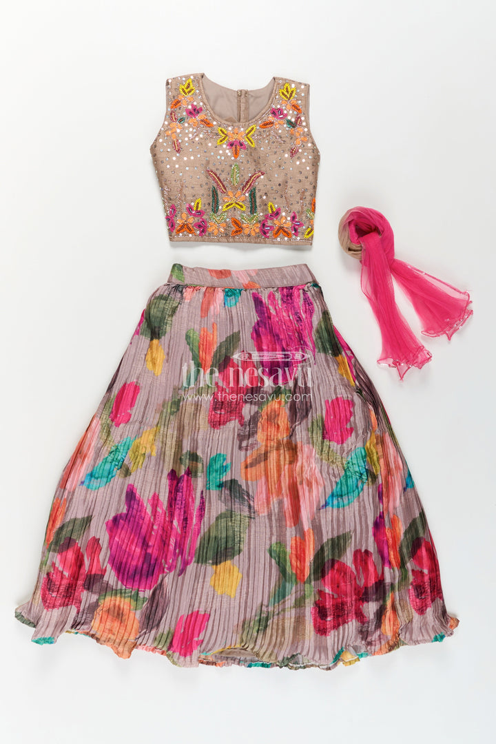 The Nesavu Girls Lehenga Choli Girls Lehenga Dress for Party in Chinon Silk with Floral Digital Print and Embellished Crop Top Nesavu Girls Chinon Silk Lehenga Dress Party Embroidered Top Floral Printed Skirt | The Nesavu