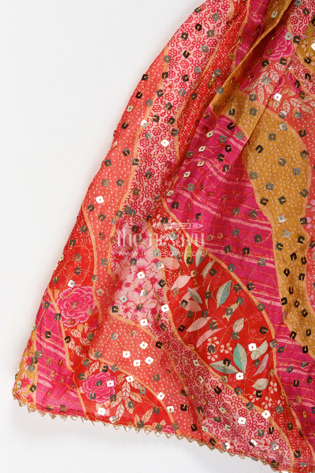 The Nesavu Girls Fancy Lehenga Girls Lehenga for Festival in Bright Chiffon with Thread Embroidered Blouse and Mirror Work Skirt Nesavu Nesavu Bright Chiffon Girls Lehenga Festival Mirror Work Thread Embroidered Blouse