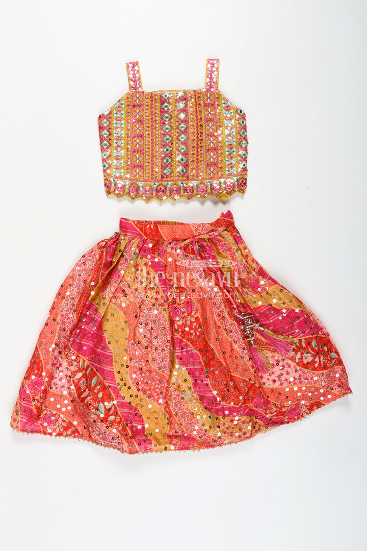 The Nesavu Girls Fancy Lehenga Girls Lehenga for Festival in Bright Chiffon with Thread Embroidered Blouse and Mirror Work Skirt Nesavu Nesavu Bright Chiffon Girls Lehenga Festival Mirror Work Thread Embroidered Blouse