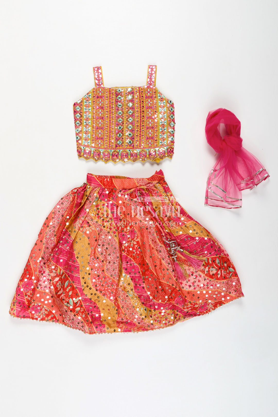 The Nesavu Girls Fancy Lehenga Girls Lehenga for Festival in Bright Chiffon with Thread Embroidered Blouse and Mirror Work Skirt Nesavu Nesavu Bright Chiffon Girls Lehenga Festival Mirror Work Thread Embroidered Blouse