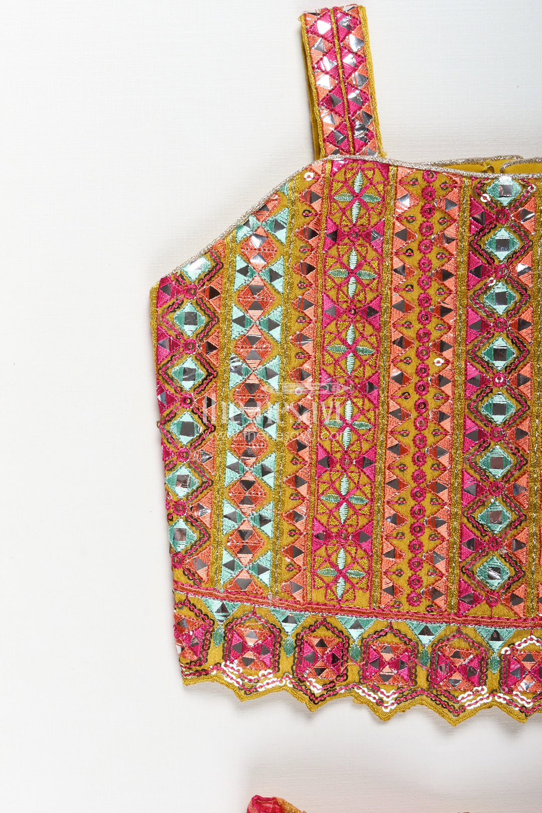 The Nesavu Girls Fancy Lehenga Girls Lehenga for Festival in Bright Chiffon with Thread Embroidered Blouse and Mirror Work Skirt Nesavu Nesavu Bright Chiffon Girls Lehenga Festival Mirror Work Thread Embroidered Blouse