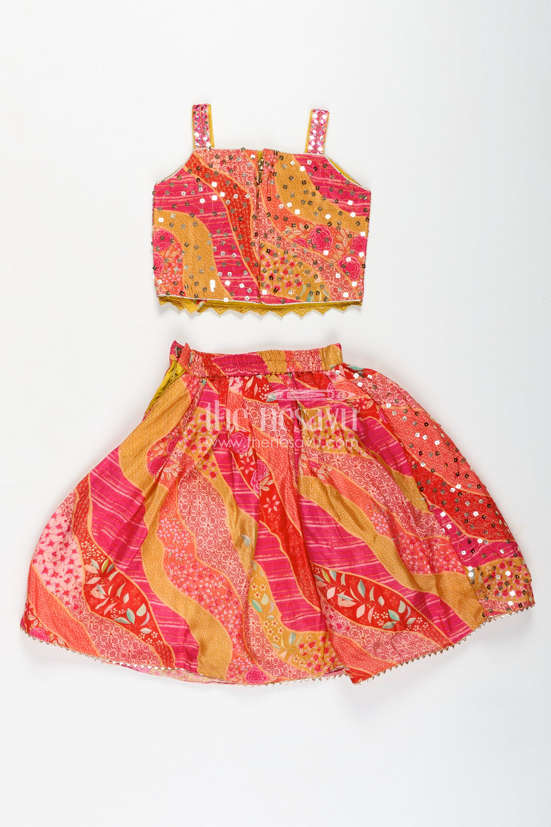 The Nesavu Girls Fancy Lehenga Girls Lehenga for Festival in Bright Chiffon with Thread Embroidered Blouse and Mirror Work Skirt Nesavu Nesavu Bright Chiffon Girls Lehenga Festival Mirror Work Thread Embroidered Blouse