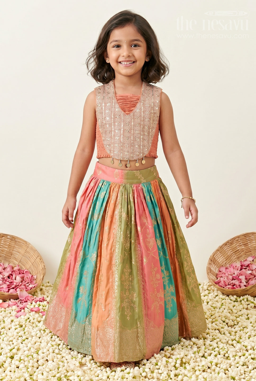 The Nesavu Girls Fancy Lehenga Girls Lehenga for Festive Celebrations and Wedding Functions Nesavu 16 (1Y) / Peach / Viscose GL924B-16 Nesavu Girls Lehenga For Festive Celebrations And Wedding Functions With Designer Yoke And Flared Design