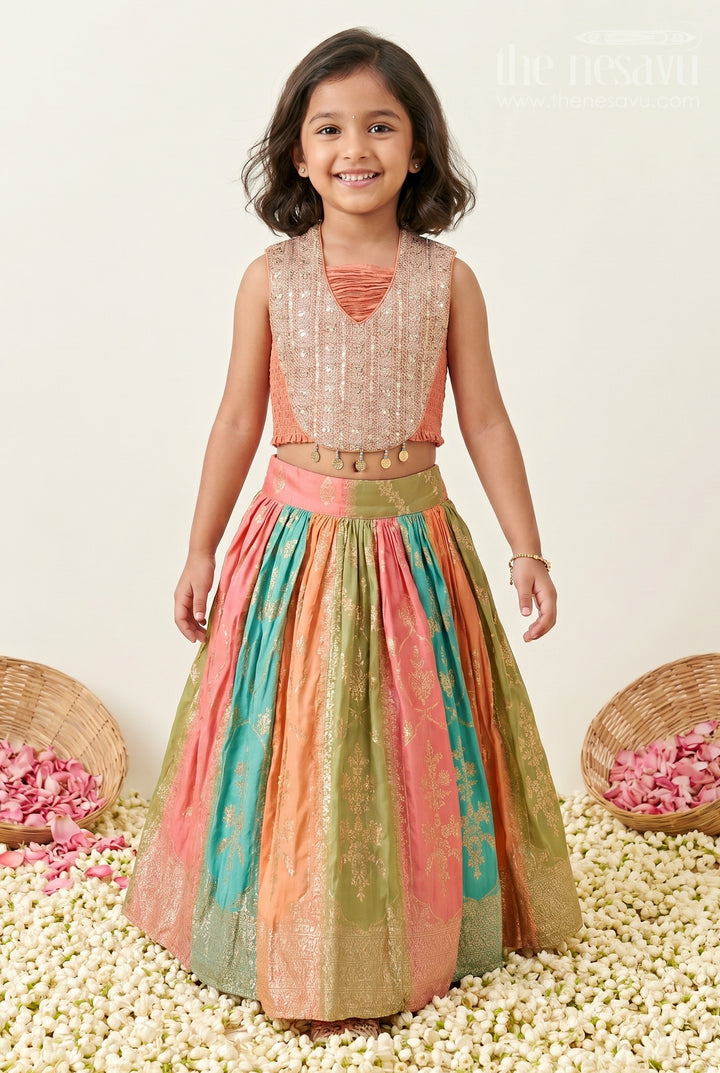 The Nesavu Girls Fancy Lehenga Girls Lehenga for Festive Celebrations and Wedding Functions Nesavu 16 (1Y) / Peach / Viscose GL924B-16 Nesavu Girls Lehenga For Festive Celebrations And Wedding Functions With Designer Yoke And Flared Design