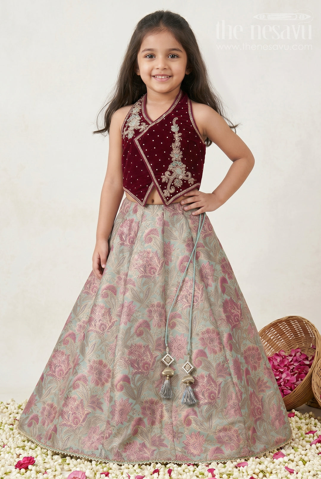 The Nesavu Girls Fancy Lehenga Girls Lehenga Outfit for Festive Weddings and Family Celebrations Nesavu 16 (1Y) / Maroon / Semi Banarasi GL931A-16 Nesavu Girls Festive Lehenga Outfit For Weddings And Traditional Family Celebrations With Velvet Yoke