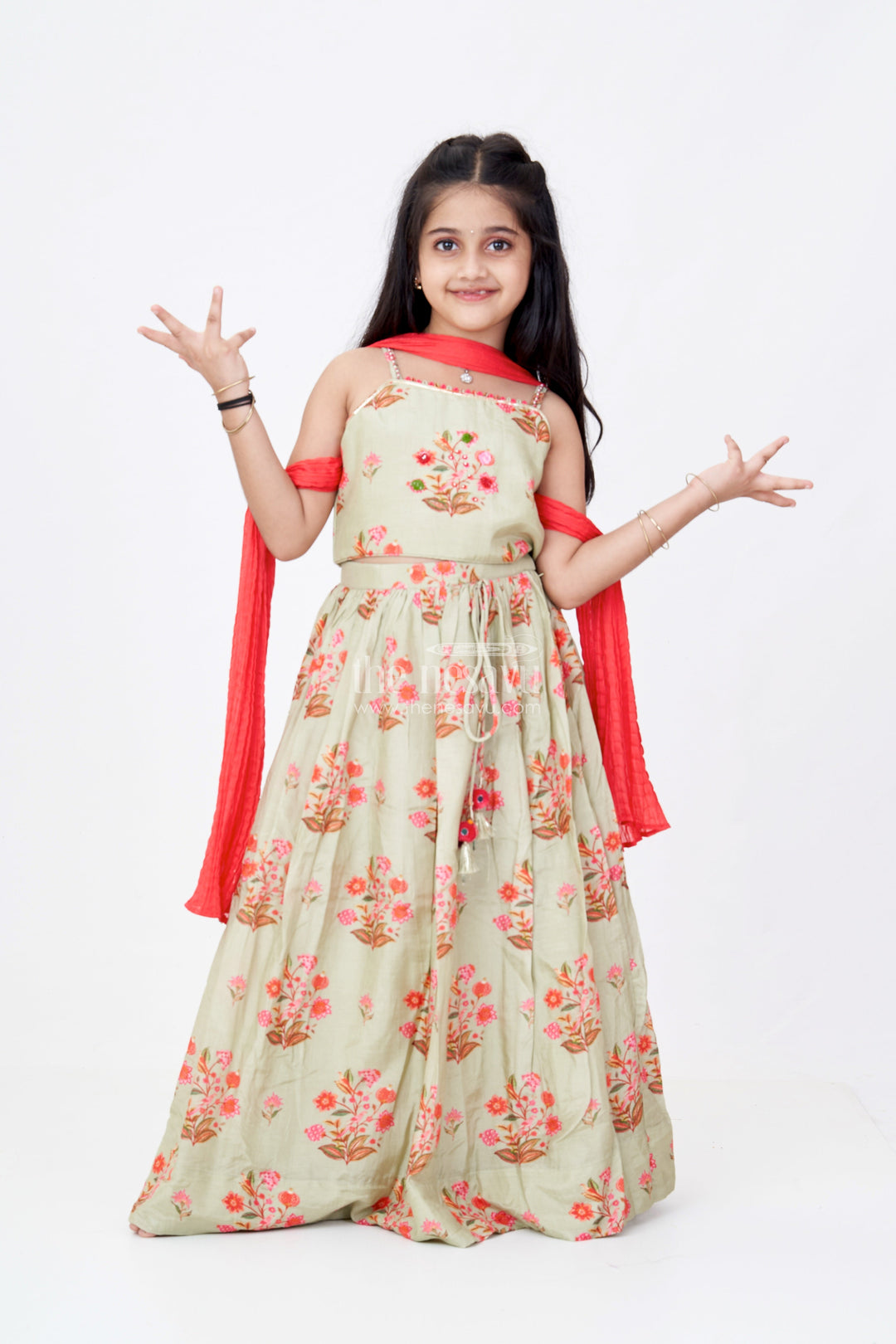The Nesavu Girls Lehenga Choli Girls Lehenga Pista Colour in Viscose Silk with Mirror Embroidery and Red Dupatta for Festive Look Nesavu 18 (2Y) / Green GL615B-18 Girls Lehenga Pista Colour Viscose Silk Mirror Embroidery Floral Dupatta Set | The Nesavu
