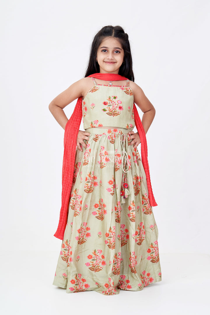 The Nesavu Girls Lehenga Choli Girls Lehenga Pista Colour in Viscose Silk with Mirror Embroidery and Red Dupatta for Festive Look Nesavu Girls Lehenga Pista Colour Viscose Silk Mirror Embroidery Floral Dupatta Set | The Nesavu
