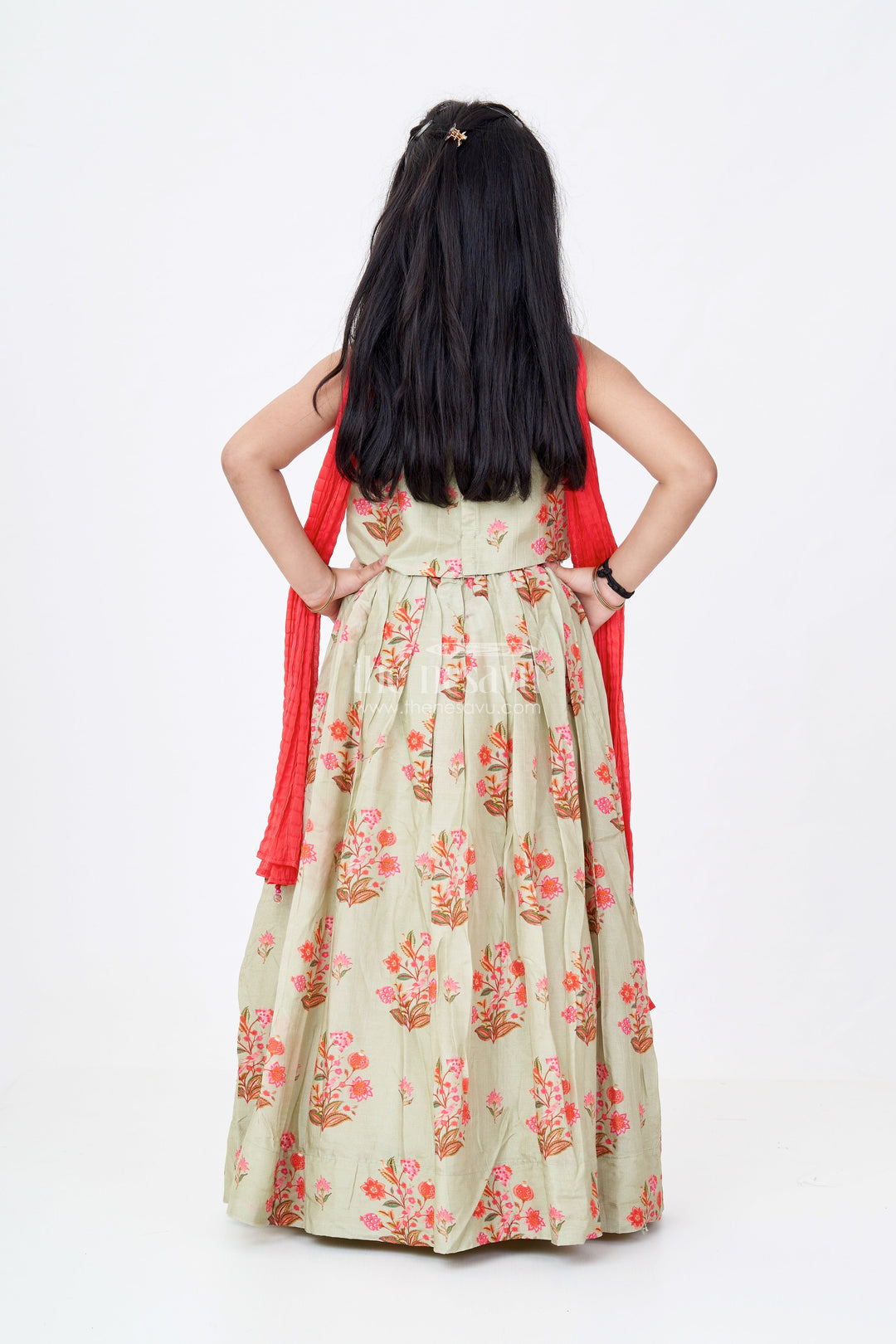 The Nesavu Girls Lehenga Choli Girls Lehenga Pista Colour in Viscose Silk with Mirror Embroidery and Red Dupatta for Festive Look Nesavu Nesavu Girls Lehenga Pista Colour Viscose Silk Mirror Embroidery Floral Dupatta Set