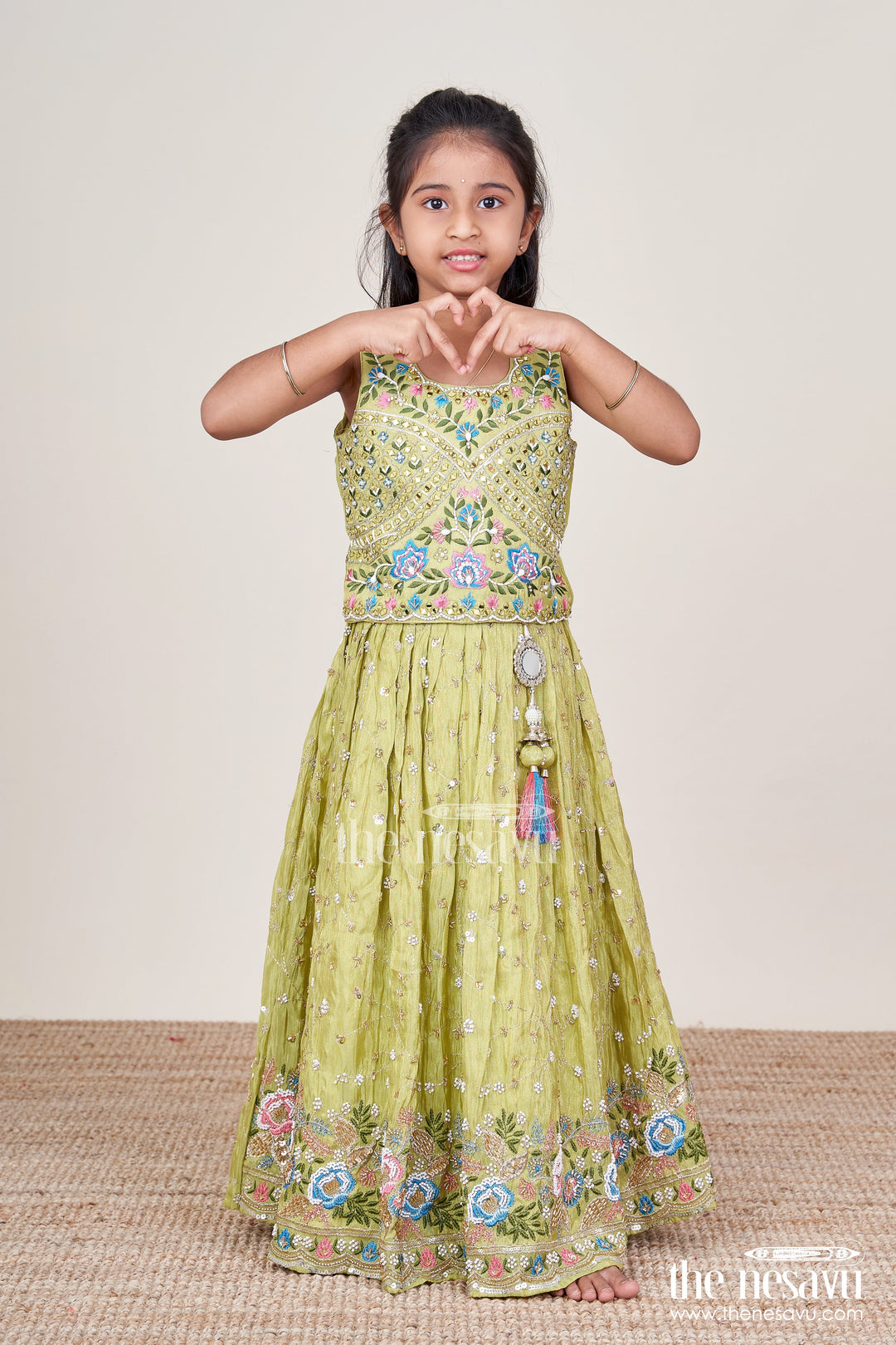 The Nesavu Girls Ethnic Lehenga Girls Lehenga Set for Cultural Festivals and Traditional Functions Nesavu 18 (2Y) / Green GL733B-18 Nesavu girls lehenga set designer embroidery tissue silk festive traditional occasions