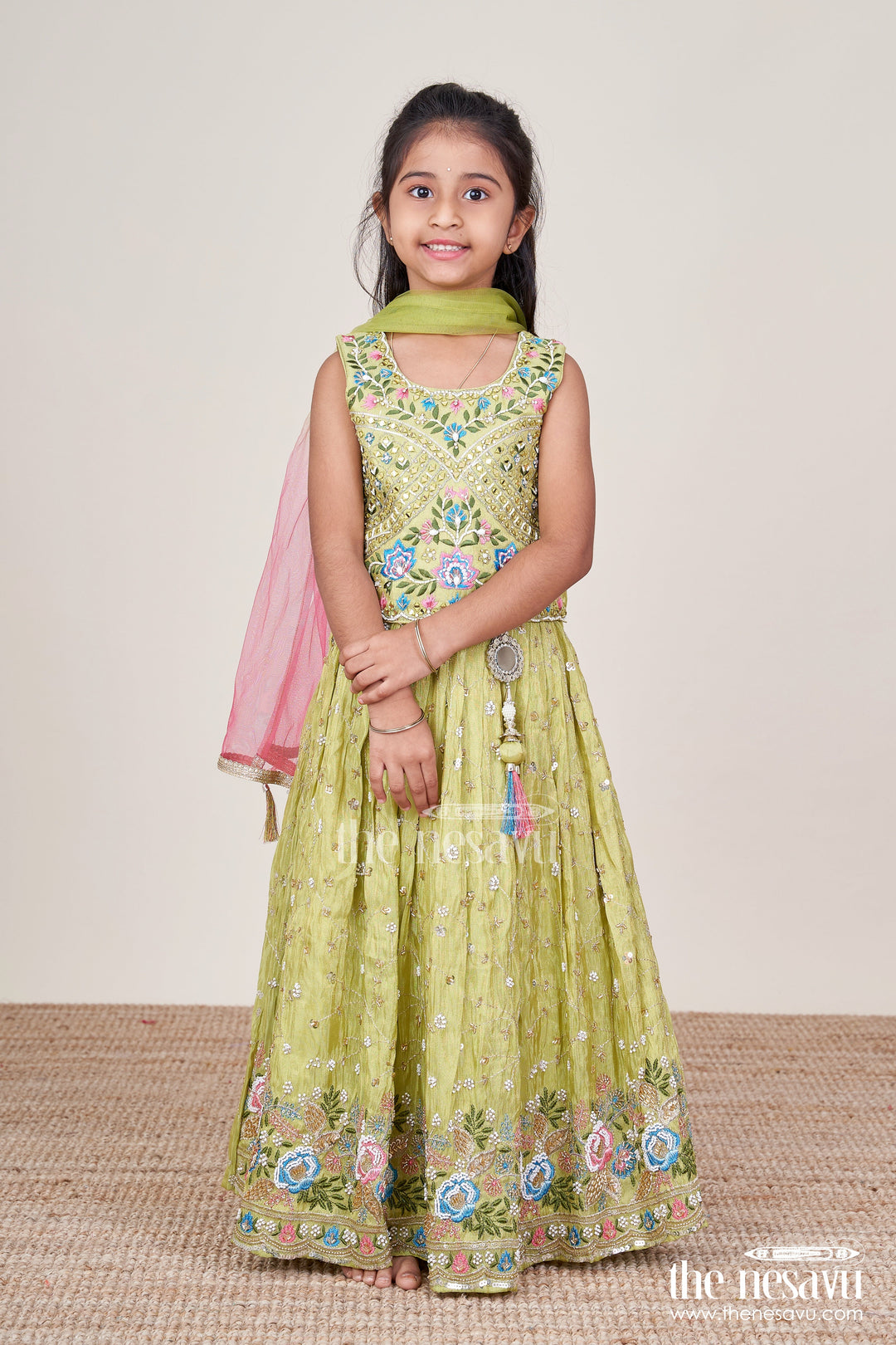 The Nesavu Girls Ethnic Lehenga Girls Lehenga Set for Cultural Festivals and Traditional Functions Nesavu Nesavu girls lehenga set designer embroidery tissue silk festive traditional occasions