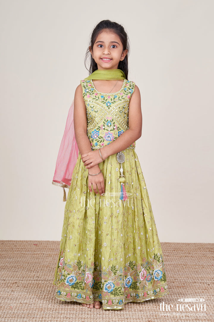 The Nesavu Girls Ethnic Lehenga Girls Lehenga Set for Cultural Festivals and Traditional Functions Nesavu Nesavu girls lehenga set designer embroidery tissue silk festive traditional occasions