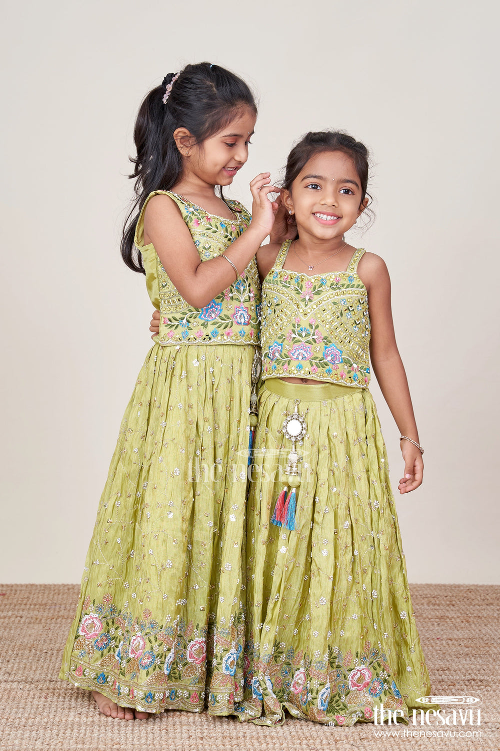 The Nesavu Girls Ethnic Lehenga Girls Lehenga Set for Cultural Festivals and Traditional Functions Nesavu Nesavu girls lehenga set designer embroidery tissue silk festive traditional occasions