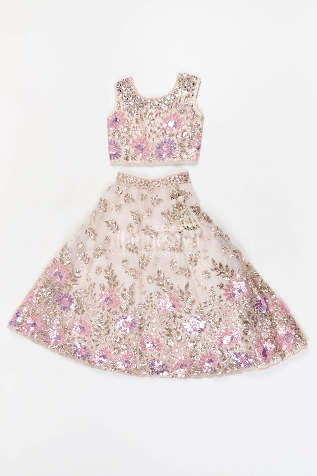 The Nesavu Girls Fancy Lehenga Girls Lehenga Set for Weddings and Grand Festive Celebrations Nesavu 24 (5Y) / Cream / Net GL874A-24 Nesavu girls soft net lehenga set with designer embroidered yoke for weddings