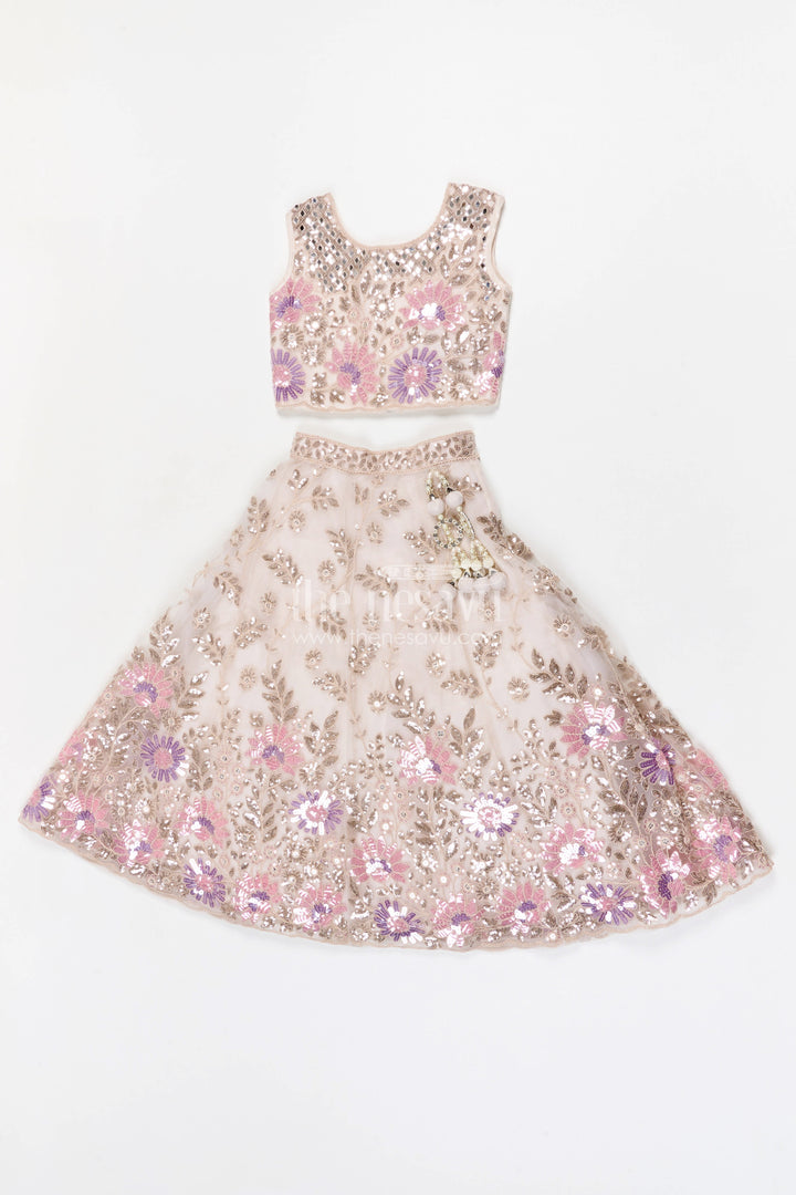 The Nesavu Girls Fancy Lehenga Girls Lehenga Set for Weddings and Grand Festive Celebrations Nesavu 24 (5Y) / Cream / Net GL874A-24 Nesavu girls soft net lehenga set with designer embroidered yoke for weddings