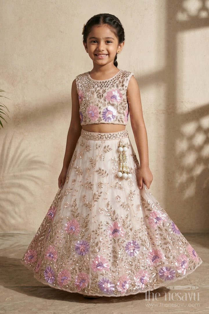 The Nesavu Girls Fancy Lehenga Girls Lehenga Set for Weddings and Grand Festive Celebrations Nesavu 24 (5Y) / Cream / Net GL874A-24 Nesavu girls soft net lehenga set with designer embroidered yoke for weddings