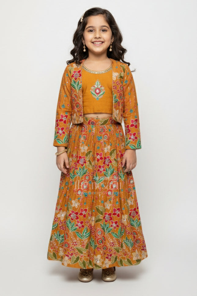 The Nesavu Girls Ethnic Lehenga Girls Lehenga Set with Embroidered Blouse and Digital Print Skirt Nesavu 24 (5Y) / Yellow GL830A-24 Nesavu girls lehenga set embroidered blouse printed flared skirt festive occasions