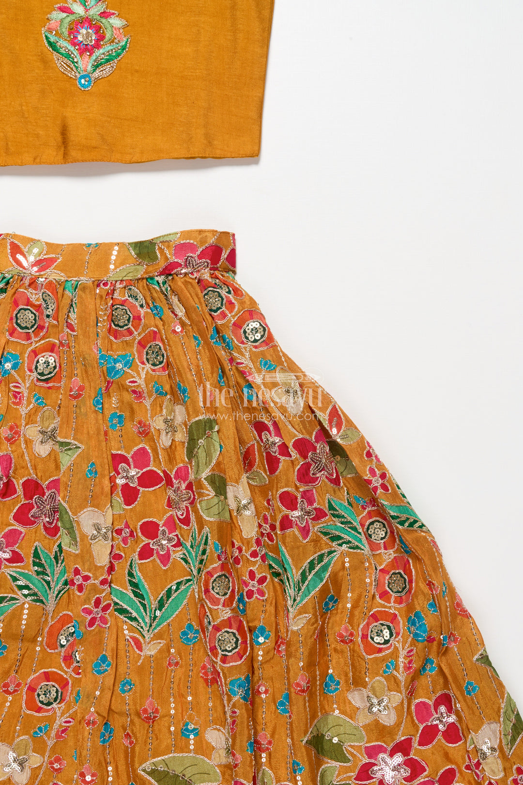 The Nesavu Girls Ethnic Lehenga Girls Lehenga Set with Embroidered Blouse and Digital Print Skirt Nesavu Nesavu girls lehenga set embroidered blouse printed flared skirt festive occasions