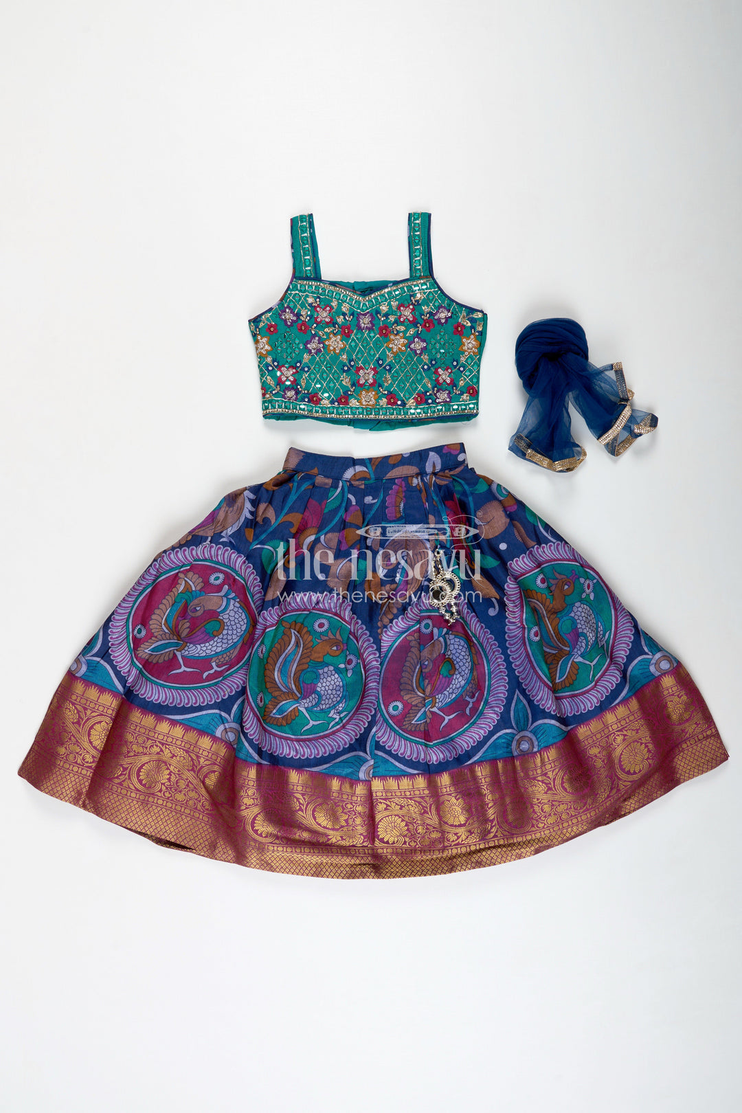 The Nesavu Girls Lehenga Choli Girls Lehenga Trendy with Semi Silk Printed Skirt and Mirror Embroidered Choli in Peacock Motif Nesavu Nesavu Girls Peacock Print Lehenga Semi Silk Mirror Work Blouse lehenga trendy Style