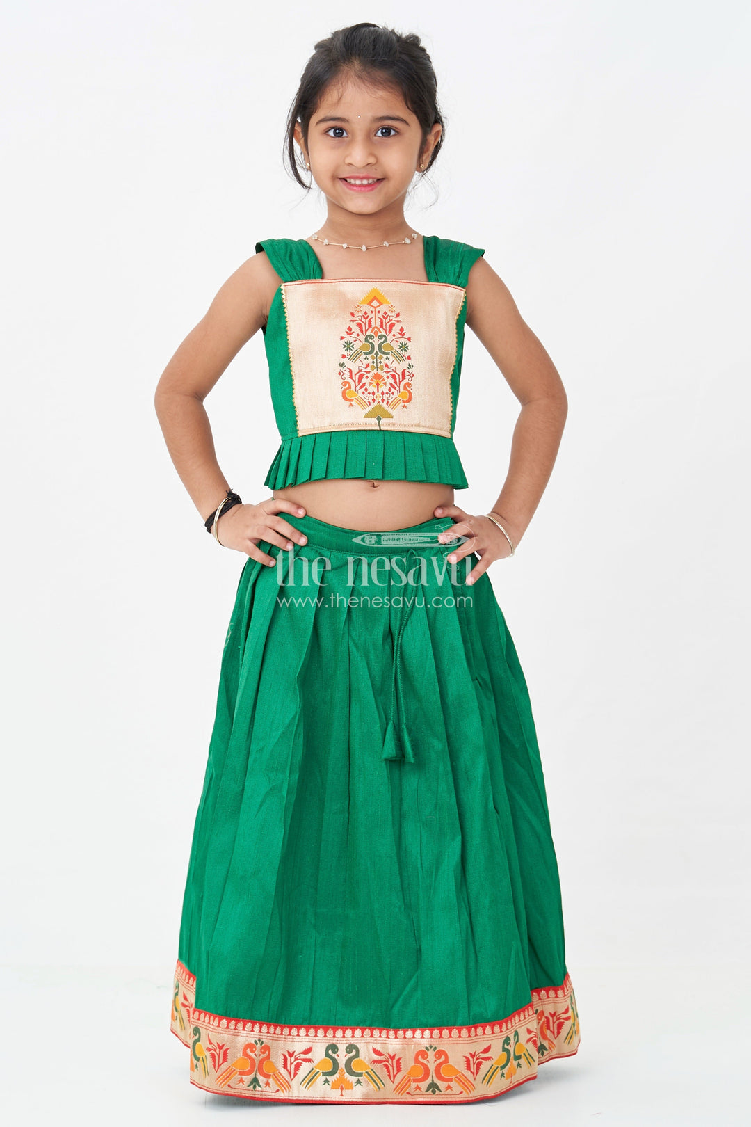 The Nesavu Pattu Pavadai Girls Lehengha Pattu in Green Raw Silk with Paithani Border and Embellished Yoke Nesavu 16 (1Y) / Green GL642A-16 Girls Lehengha Pattu Green Raw Silk Embroidered Paithani Border Sleeveless Top | The Nesavu